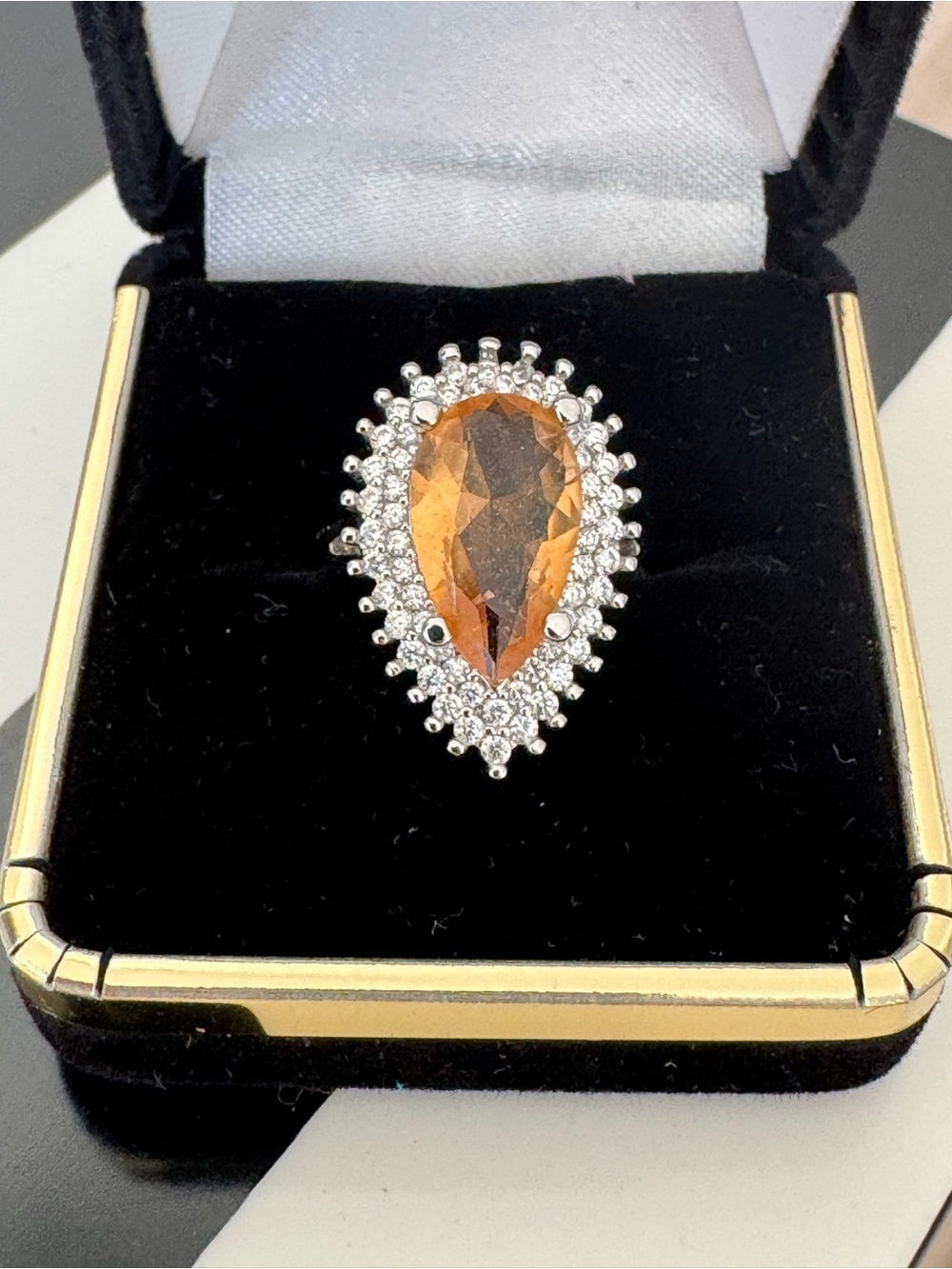 Sterling Silver Teardrop Citrine Halo Ring - Orange